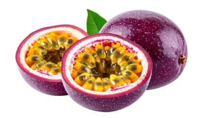 Three passion fruits, one whole and one cut in half, with green leaf