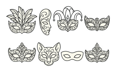Intricate black and white masquerade masks against gold background