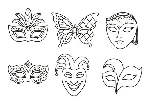 Collection of six intricate masquerade masks with various designs - Powered by Adobe