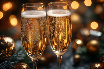 Elegant Close-Up of Two Golden Champagne Glasses with Bubbles, Bokeh Lights, and Christmas Ornaments in the Background &mdash; Celebration, New Year's, Festive Invitation