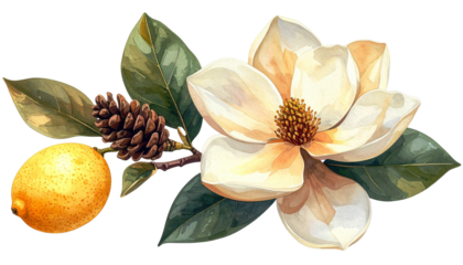 Watercolor-style floral illustration of a magnolia, lemon, and pine cone branch