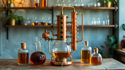 A high-quality photograph of an elegant distilling setup with multiple glass and copper apparatus arranged on a wooden surfac