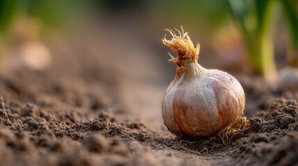 Onion in the garden, single bulb on fertile soil — calm, hopeful mood — macro natural light with shallow depth of field, ideal for organic agriculture, planting tutorials, gardening education, and