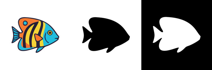A vibrant tropical fish with bold orange, blue, and yellow stripes appears in three styles: detailed color, solid black silhouette, and clean white silhouette on black.