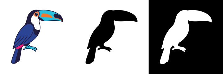 Obraz premium A colorful toucan with a bright orange-and-blue beak perches on a branch, shown in full color, solid black silhouette, and white silhouette on a dark background.