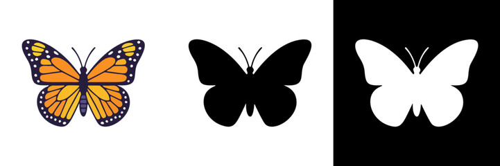 A butterfly with detailed wings in vibrant colors, shown alongside black and white silhouette versions for adaptable graphic use.