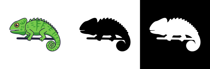 A stylized chameleon resting on a branch, depicted in bright green, black, and white forms to suit various design contexts.
