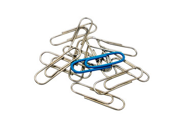 Blue paper clip standing out from multitude