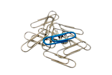 Blue paper clip standing out from multitude