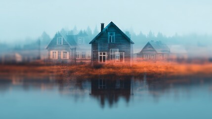 Fototapeta premium A serene landscape featuring rustic wooden houses surrounded by mist and reflections in a calm body of water, evoking tranquility and nostalgia.