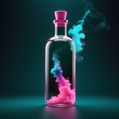 Enigmatic Glass Potion Bottle with Vibrant Pink and Blue Ethereal Smoke and Liquid Swirls on a Dark Teal Background