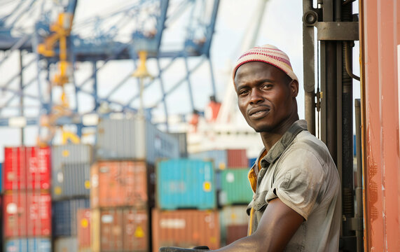 Dockworker operating forklift amidst shipping containers at port