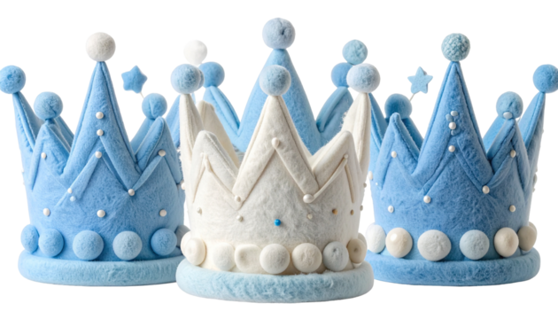 Three soft, pastel-colored fabric crowns with plush accents, pearls, and stars