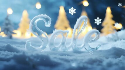Icy glass “Sale” text covered in frost as snowflakes fall in layers, soft blue light flickers in the background, drifting particles and powdery wind puffs create a cold winter holiday atmosphere