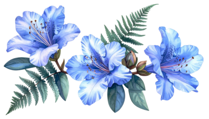 Vibrant floral arrangement featuring three light blue flowers and green foliage