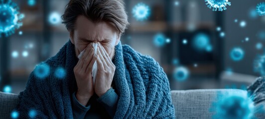 The man wrapped in a blanket sneezing into a tissue with virus overlays