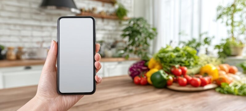 The smartphone held in a modern kitchen with fresh vegetables on wooden counter