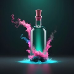 Mystical Glass Bottle with Vibrant Pink and Blue Smoke Explosions Amidst a Glowing Teal Light on a Dark Background