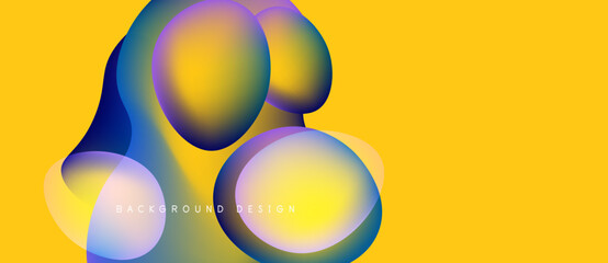 Abstract colorful shapes overlap yellow backdrop. Modern design elements create dynamic visual experience. Smooth gradients enhance aesthetic appeal.