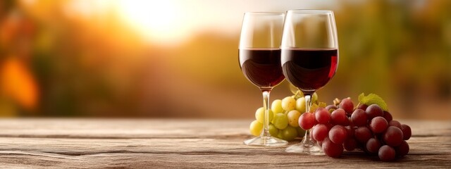 A beautiful scene of red wine glasses sits on a rustic wooden table, surrounded by fresh grapes. The golden sunset creates a warm, intimate atmosphere perfect for a romantic wine tasting