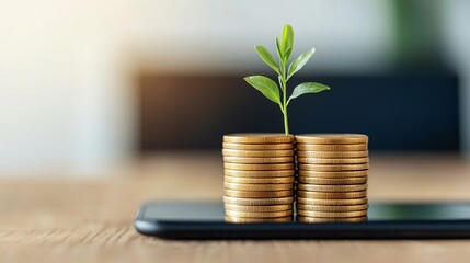 Concept of green investment showing small plant sprouting from golden coins on digital tablet.