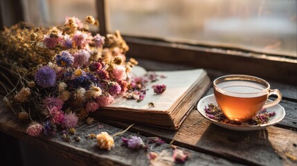 Dried Flower Bouquet With Book And Tea Cup On Wooden Window Sill
