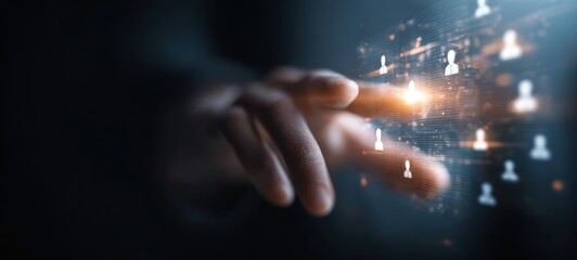 The Hand Interacting with Futuristic Digital Social Network Interface and Holographic Icons
