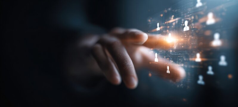The Hand Interacting with Futuristic Digital Social Network Interface and Holographic Icons - Powered by Adobe