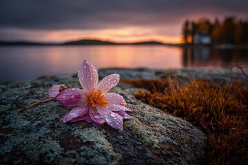 Pink Flower With Dew Drops On Rock By Lakeside Sunset