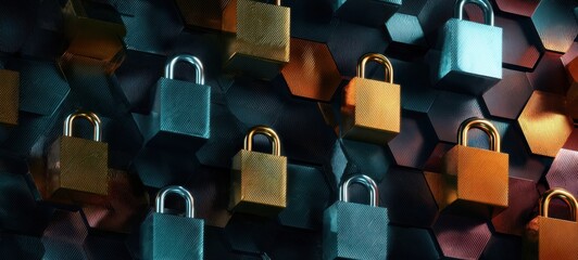 The Padlocks on a Hexagonal Tech Background Symbolizing Digital Security and Protection