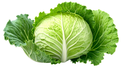 A close-up of a fresh, green cabbage head with outer leaves