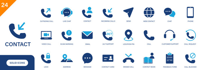 Contact icon. Includes call, email, message, livechat, missed call, address. Solid vector icon set.