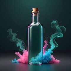 Clear Glass Bottle with Cork Stopper Surrounded by Dynamic Swirls of Vibrant Pink, Blue, and Teal Smoke on a Dark Gradient Background, Creating a Modern and Mysterious Abstract Composition.