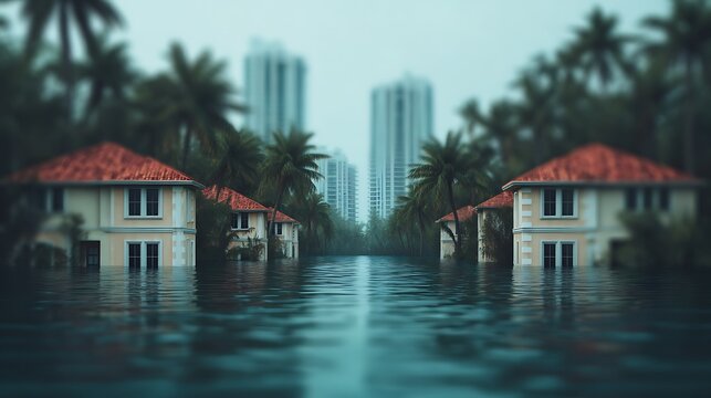A tranquil scene of flooded houses surrounded by palm trees, with skyscrapers in the background, capturing the impact of rising water levels.