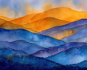 Layered Mountain Range Sunset View Painting