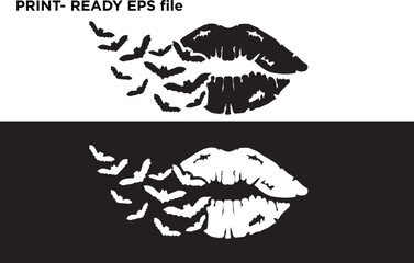 Distressed vector design of a single lipstick kiss transforming into a swarm of bats, in stark black and white, conveying spooky romance, gothic glamour, Halloween kisses, and graphic motifs for print