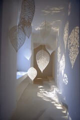 Elegant White Interior Corridor With Paper Leaf Sculptures