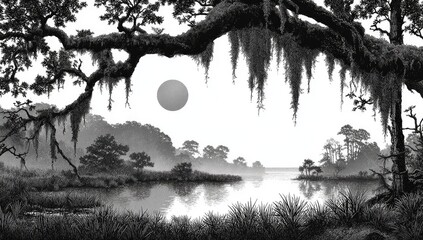 Black and white landscape featuring a swamp, sun, and draping branches