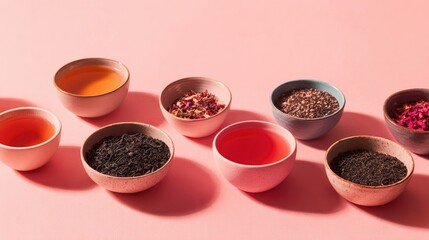 Small Bowls Of Colorful Tea Ingredients On Pink Background