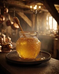 Golden Honey In Vintage Jar With Wooden Spoon