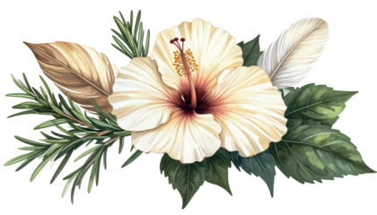 Cream hibiscus with foliage, feather, and leaves in an elegant floral arrangement