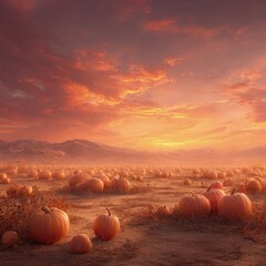 Pumpkin Field At Sunset With Warm Colors And Glowing Light