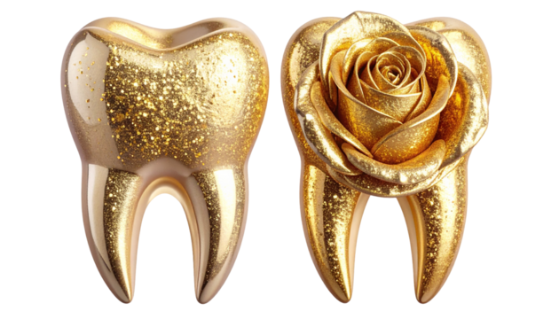 Two gold teeth, one with glitter and one sculpted with a rose