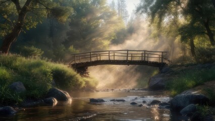 Misty forest stream with wooden bridge