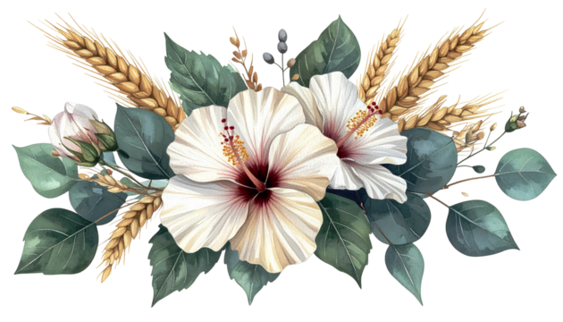Floral arrangement with white flowers, wheat, and green foliage on a dark bg