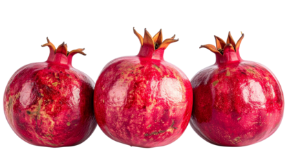 Three vibrant, ripe pomegranates with their unique crown-like calyxes