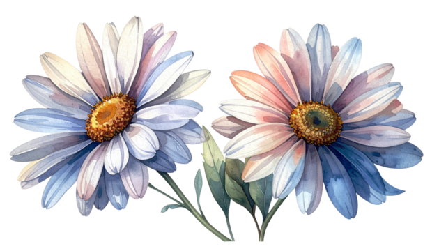 Two watercolor daisies with a soft, pastel palette and detailed petals