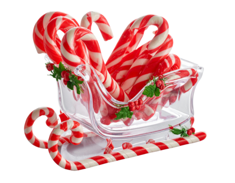 Festive Candy Cane Sleigh with Peppermint Runners, Isolated on Transparent Background