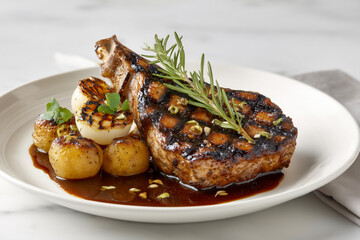Savor the exquisite taste of a perfectly grilled bone-in pork chop with tender roasted potatoes and caramelized onions, a gourmet delight for any discerning palate.