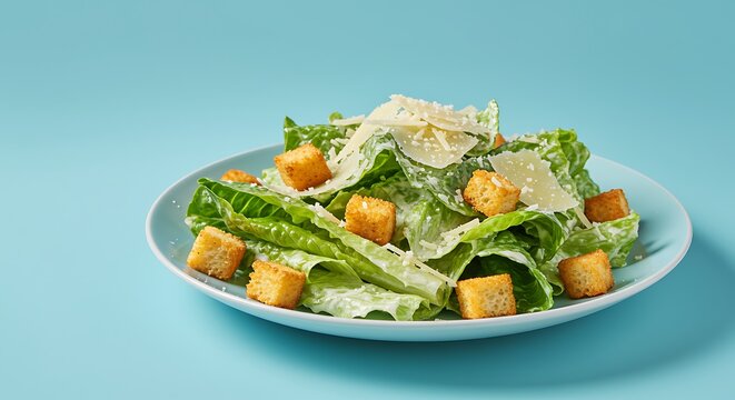 Fresh Caesar salad on pastel blue background